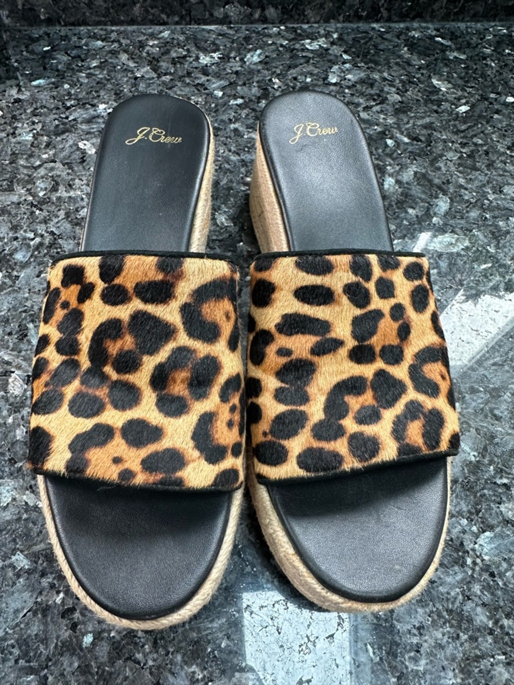 J. Crew Chic Wedge Heel Slide Sandals in Leopard Calf Hair Women’s Size 10